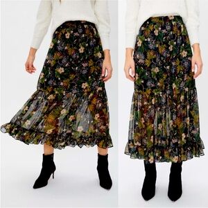 NWT Generation Love Selena Midi Skirt Chiffon Floral Jungle Metallic Party Large